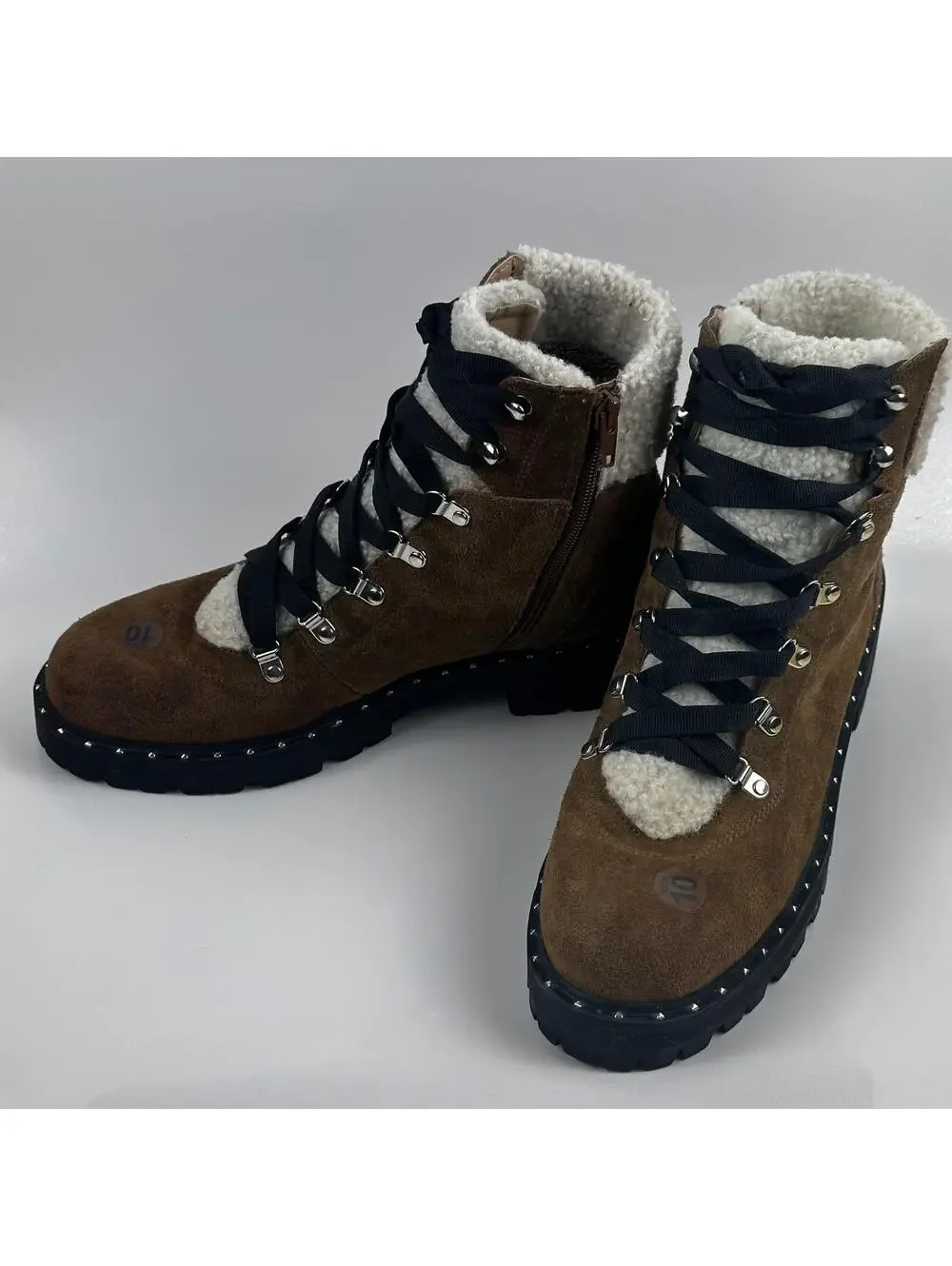 Steve Madden Receptive Hiking Boots Womens 10 BrownSuede Faux Fur Lug Sole Studs